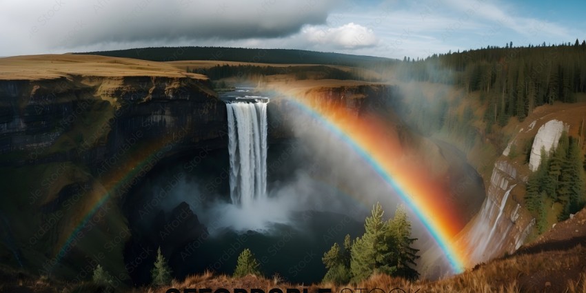 A Rainbow Falls in a Mountainous Area