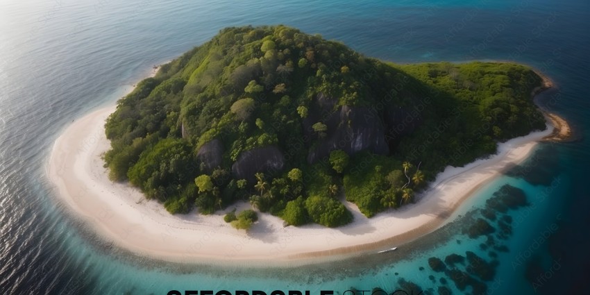 A tropical island with a lush green hillside and a sandy beach