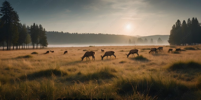 A herd of deer grazing in a field