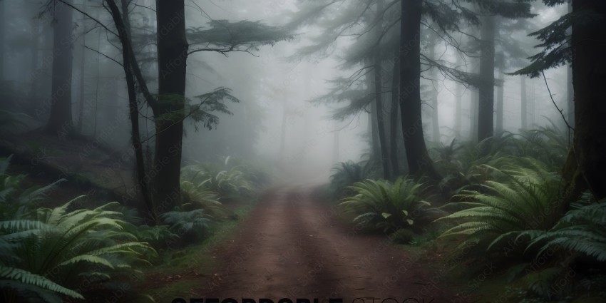 A dirt path through a foggy forest