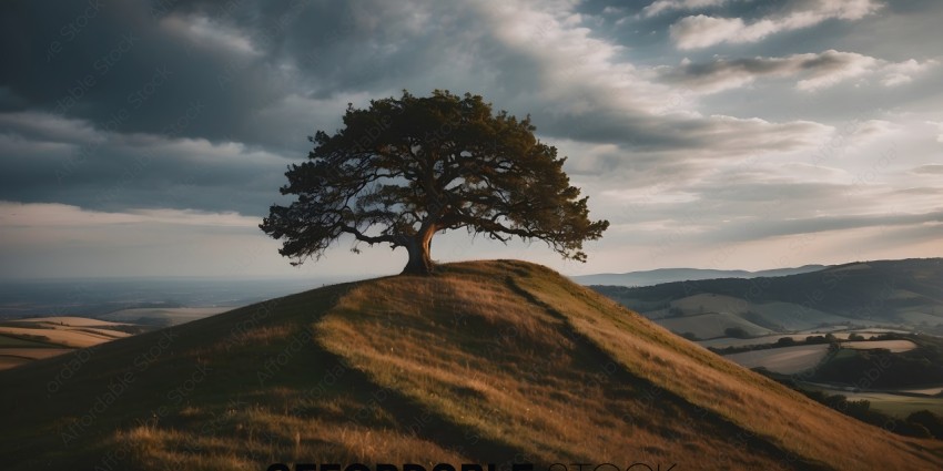 A tree on a hill overlooking a valley