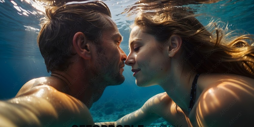 A man and woman are underwater kissing