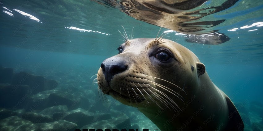 A seal's face is seen underwater