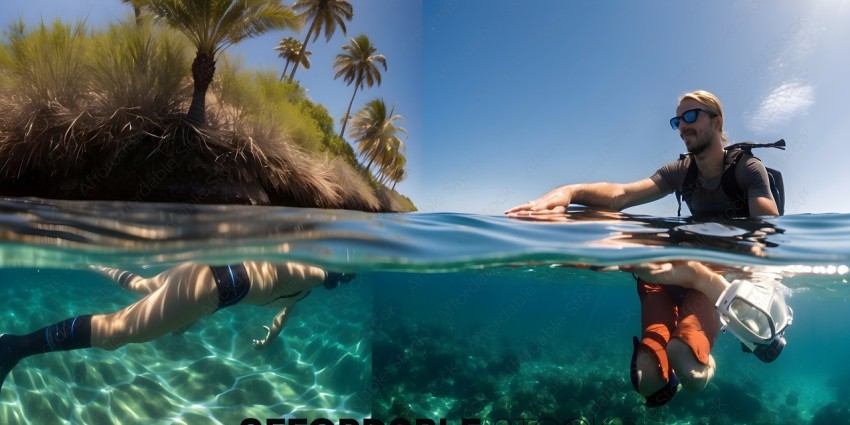 A person swimming underwater with a tropical island in the background