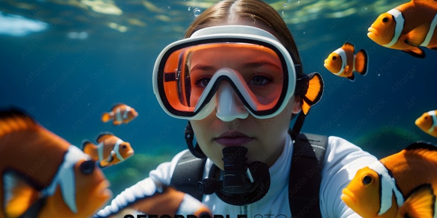 A woman wearing a snorkeling mask and holding a fish
