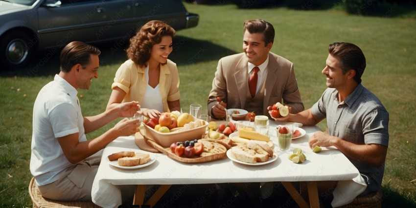 A group of people enjoying a picnic with a variety of foods