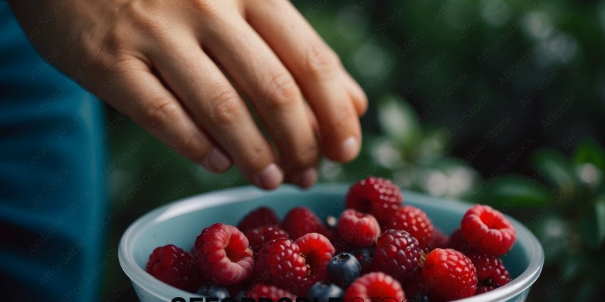 A hand picking raspberries and blueberries