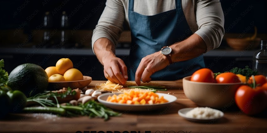 A man in a blue apron prepares food