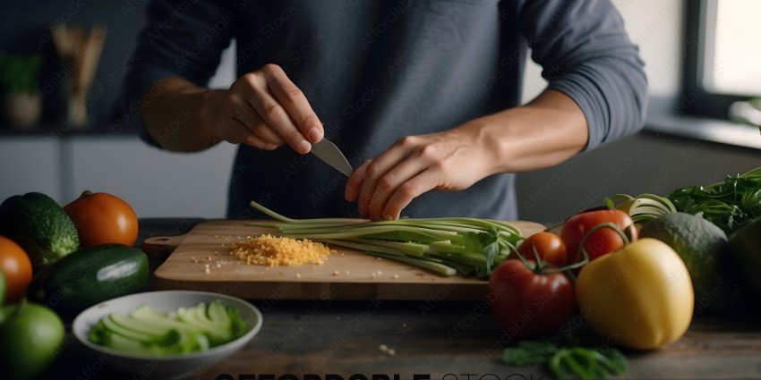 A person preparing a salad with a knife
