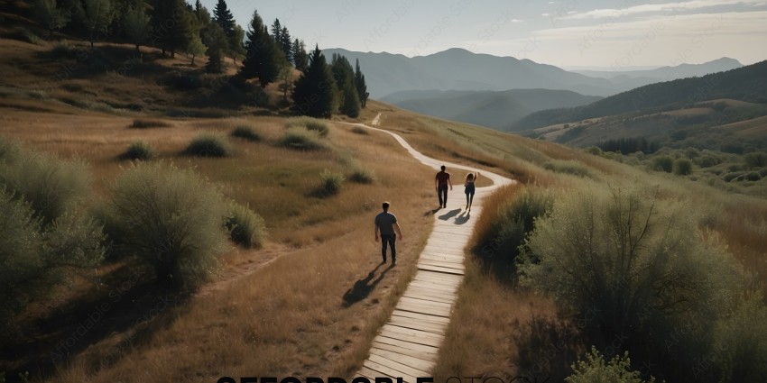 Three people walking on a path in the country