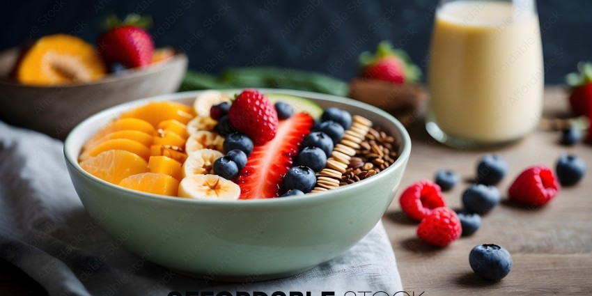 A bowl of fruit with a blueberry, banana, and strawberry