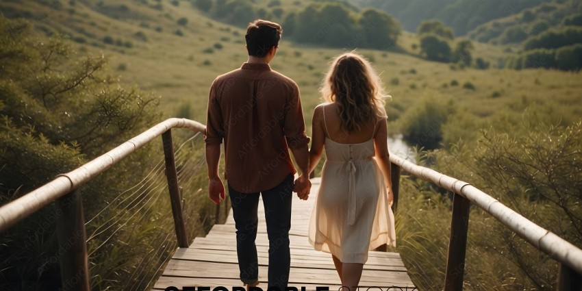A couple walks hand in hand on a wooden bridge