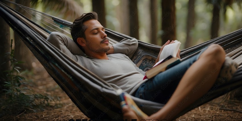 A man reading a book while laying in a hammock
