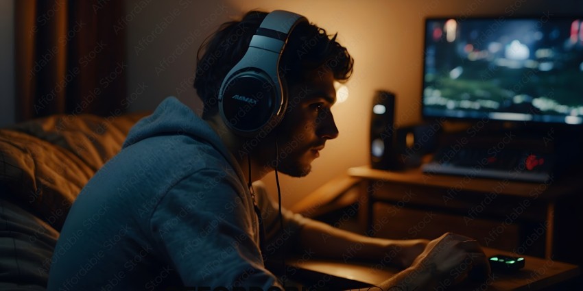 A man wearing headphones and sitting at a desk