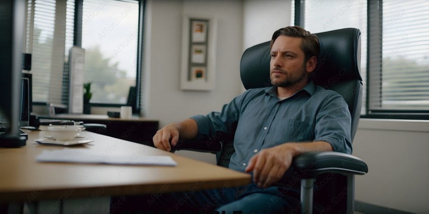 Man in a gray shirt sitting in a black office chair