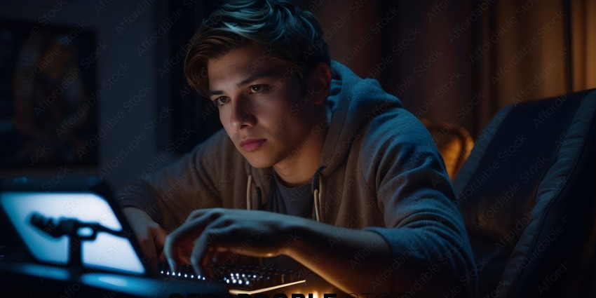 A young man working on a computer at night