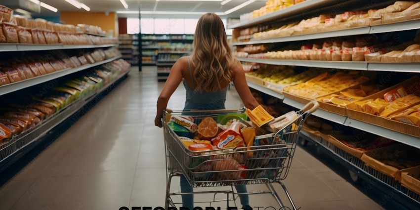 A woman in a grocery store with a shopping cart full of snacks