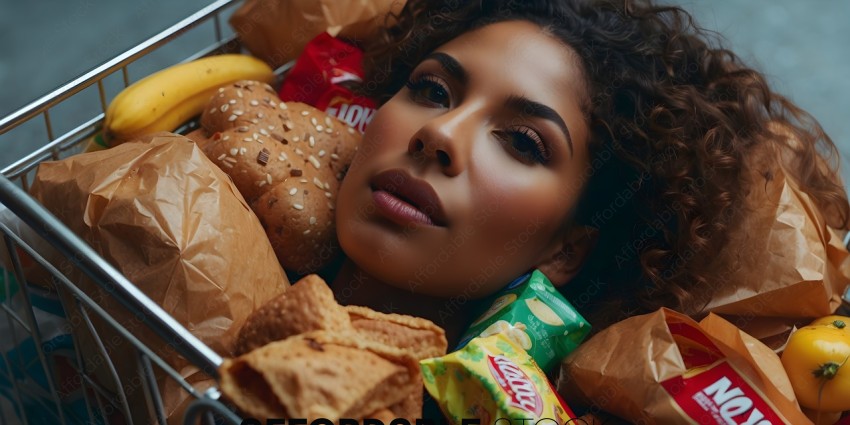 A woman laying in a basket of food