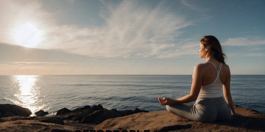 A woman meditating on a rock overlooking the ocean