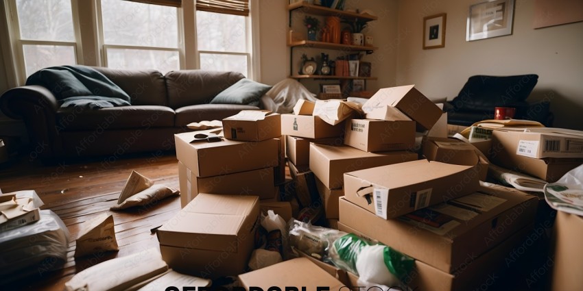 Cardboard boxes piled on floor in living room