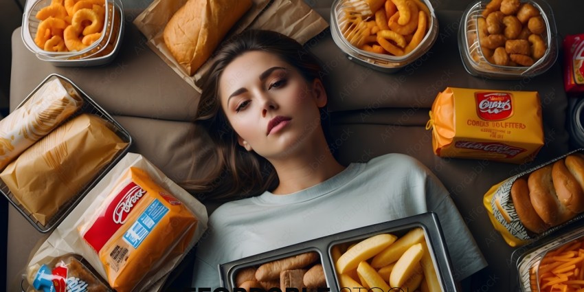 A woman lays on a couch with a tray of food in front of her
