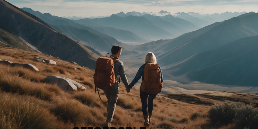 A couple holding hands on a mountain trail