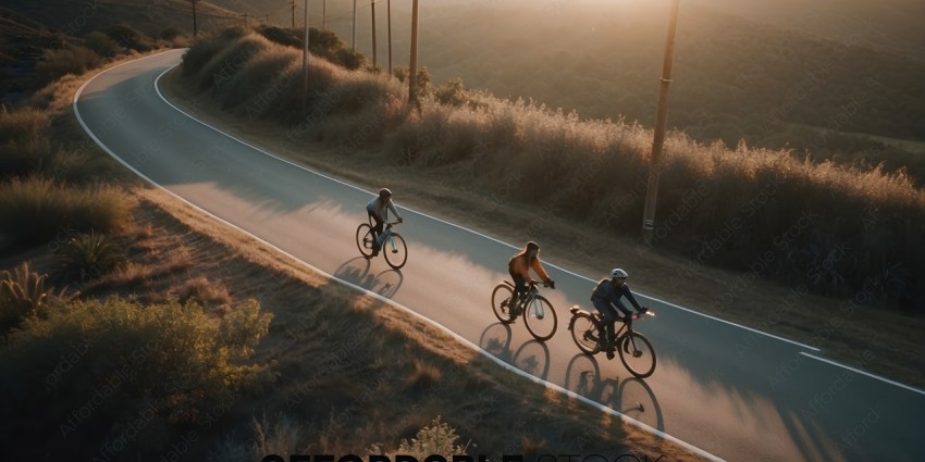 Three Bicyclists Riding Down a Road