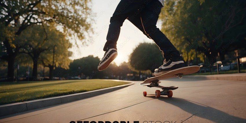 Skateboarder in mid-air, sunlight shining on his shoes