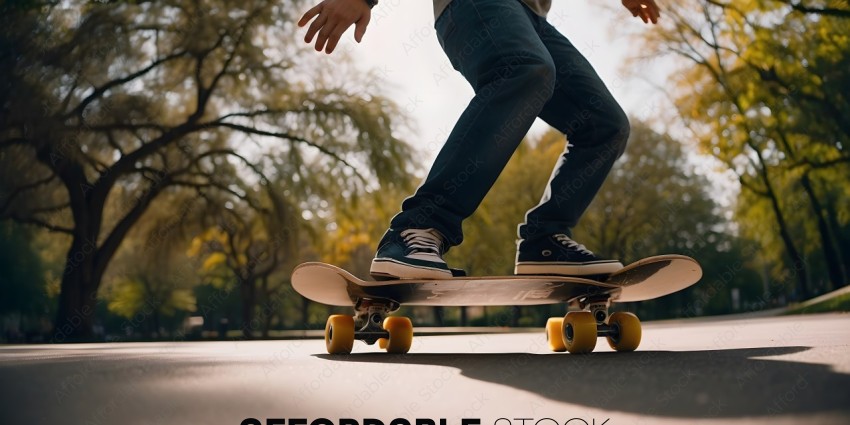 Skateboarder in jeans and sneakers on a skateboard