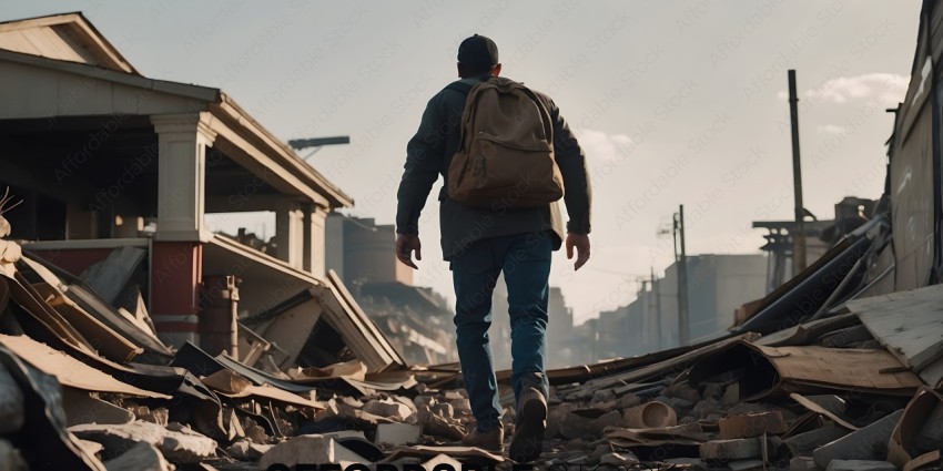 A man wearing a backpack walks through a destroyed area