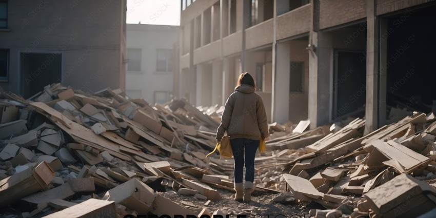 A woman walking through a pile of rubble