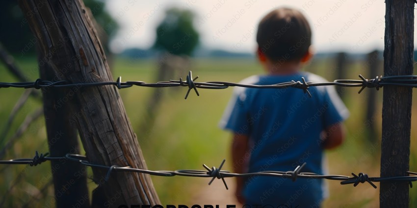 A young boy looking over a barbed wire fence
