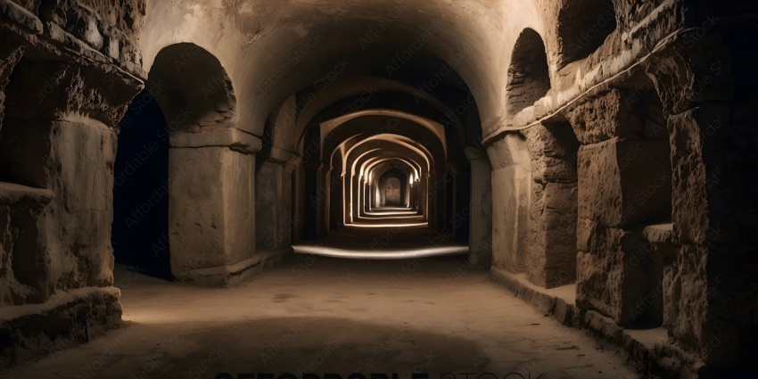 A long hallway with archways and a person in the distance