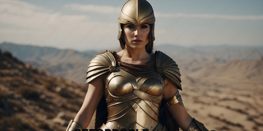A woman wearing a gold helmet and armor