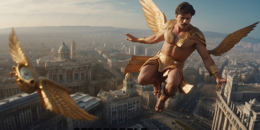 Man in gold costume flying over city