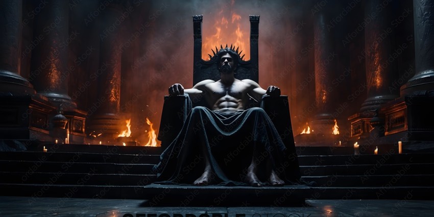 A shirtless man sits in a throne with a crown