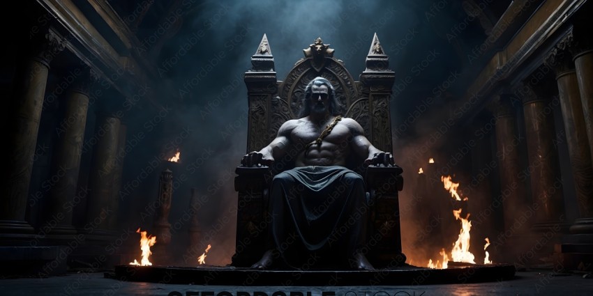 A muscular man sits on a throne in front of a fire