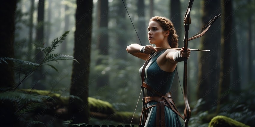 A woman in a forest with a bow and arrow