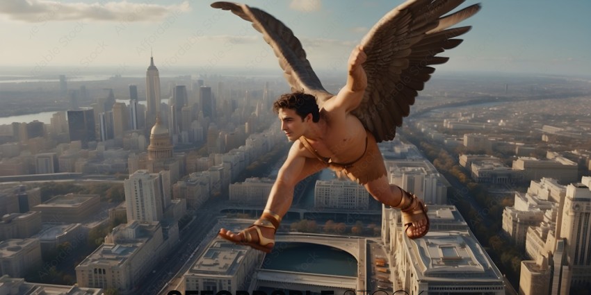 A man wearing a winged costume is flying over a city