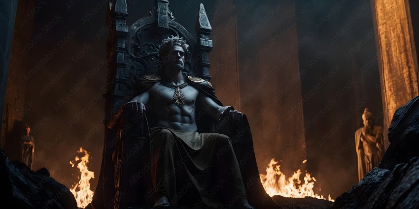 Man in a throne with a fire in the background