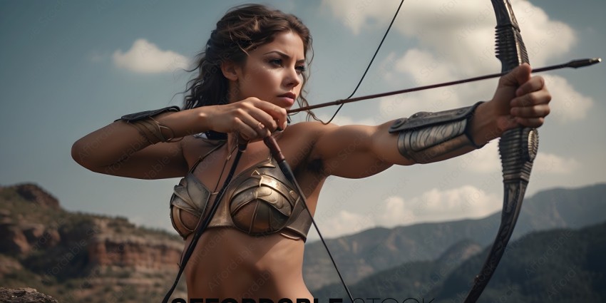 Woman in a bra top holding a bow and arrow