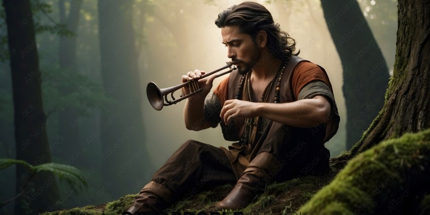 A man playing a flute in the woods