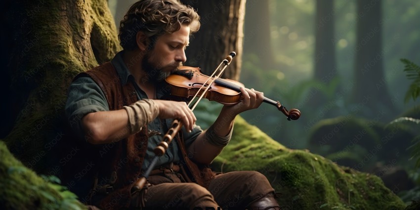 A man playing a violin in the woods
