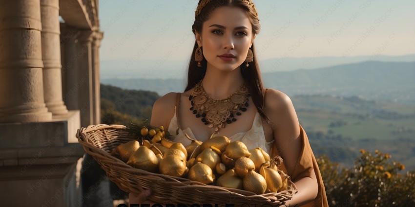 A woman wearing a gold necklace holds a basket of golden fruit