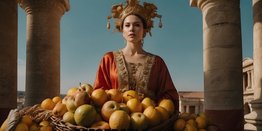 A woman in a costume holds a basket of fruit
