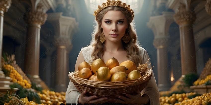 A woman wearing a crown holds a basket of fruit