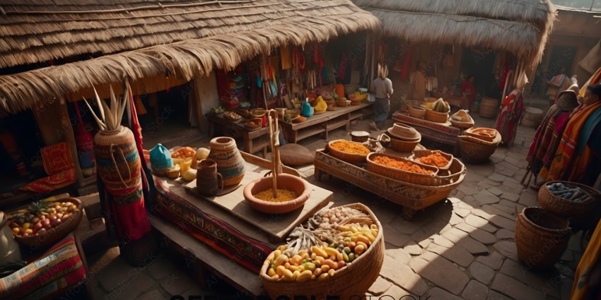 Market with a variety of foods and baskets