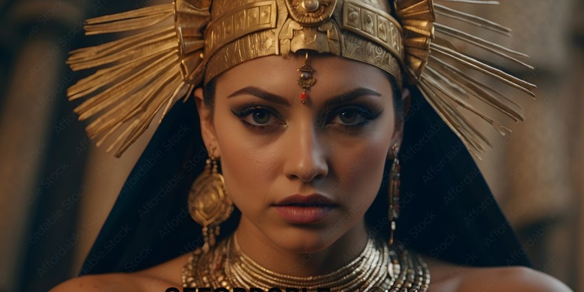 A woman wearing a gold headpiece