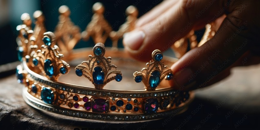 A person is touching a crown with blue gems