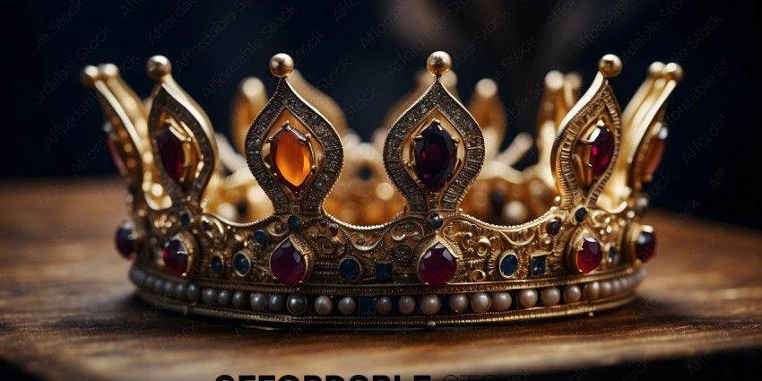 A gold crown with red and orange gems